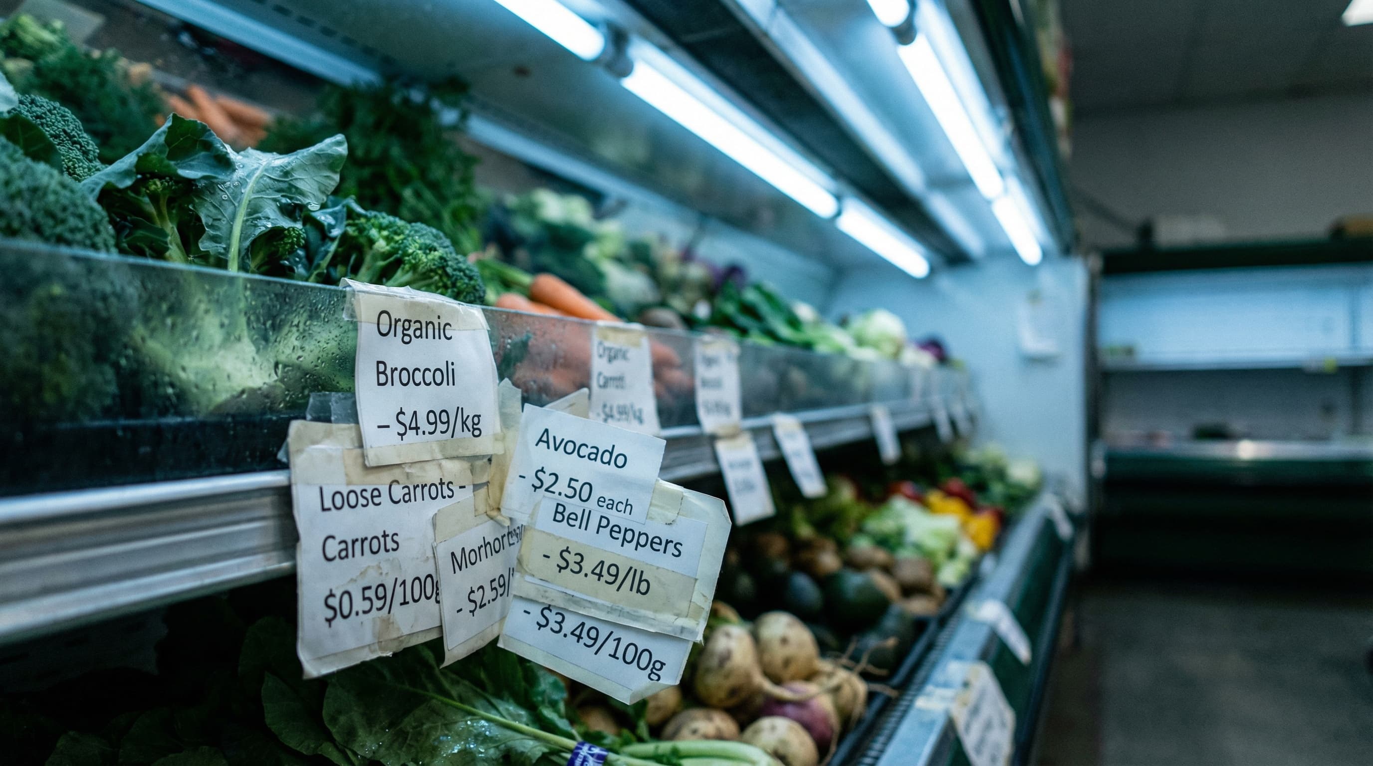 Supermarket shelf with confusing overlapping price tags showing different unit measurements